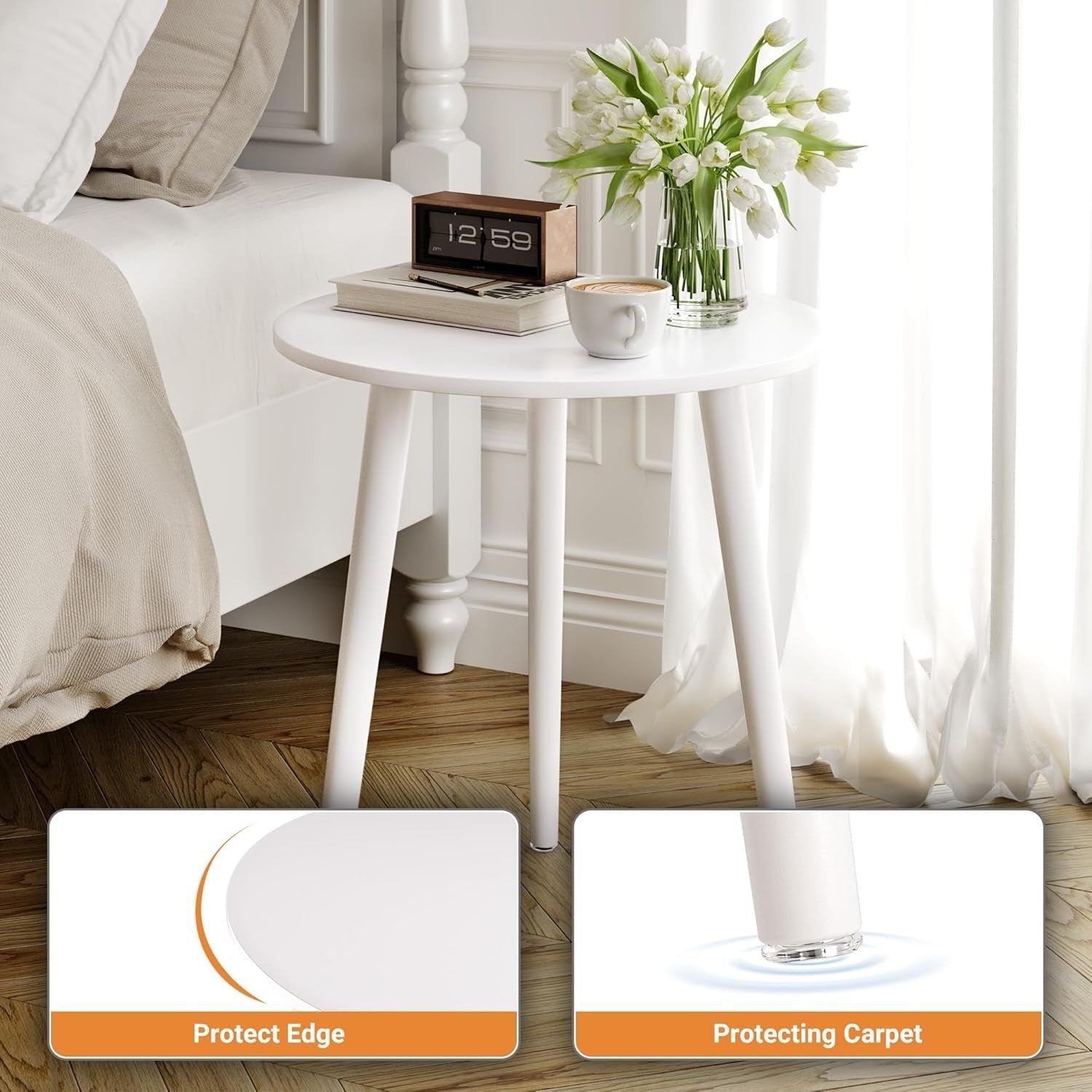 Small White Round Side Table 42x42x51cm, Sturdy Iron Legs, Easy Assemble