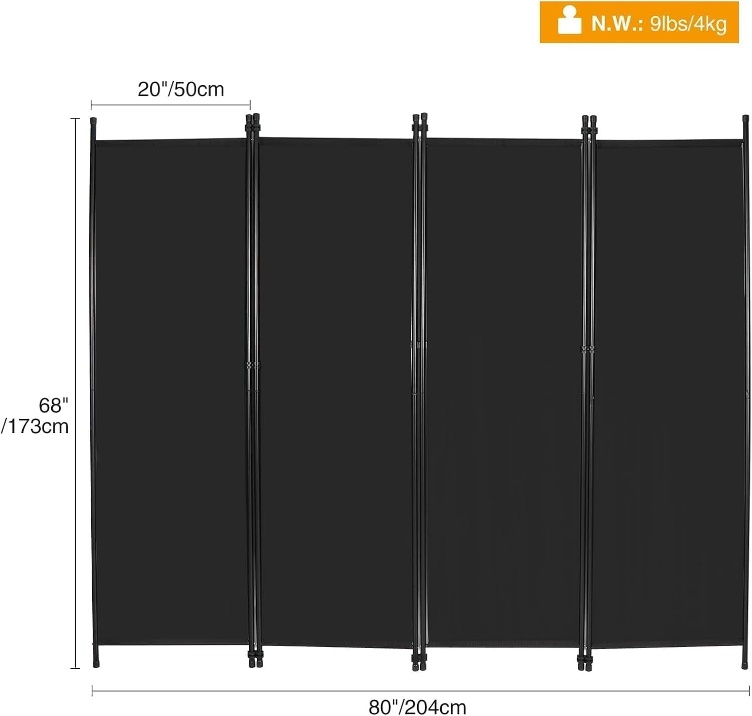 4 Panel Black Folding Room Divider Privacy Screen Partition 203x173cm