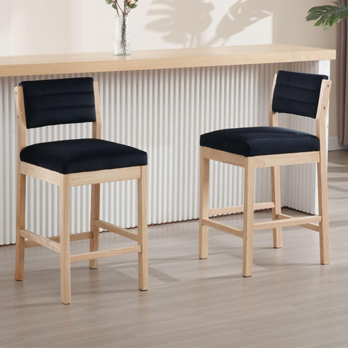 Modern Black Velvet Bar Stools Set of 2 – Wooden Leg Counter Chairs