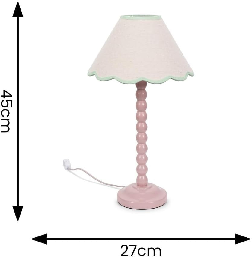 Rose Pink Bobbin Table Lamp Green Trim Scallop Shade Bedside 45cm