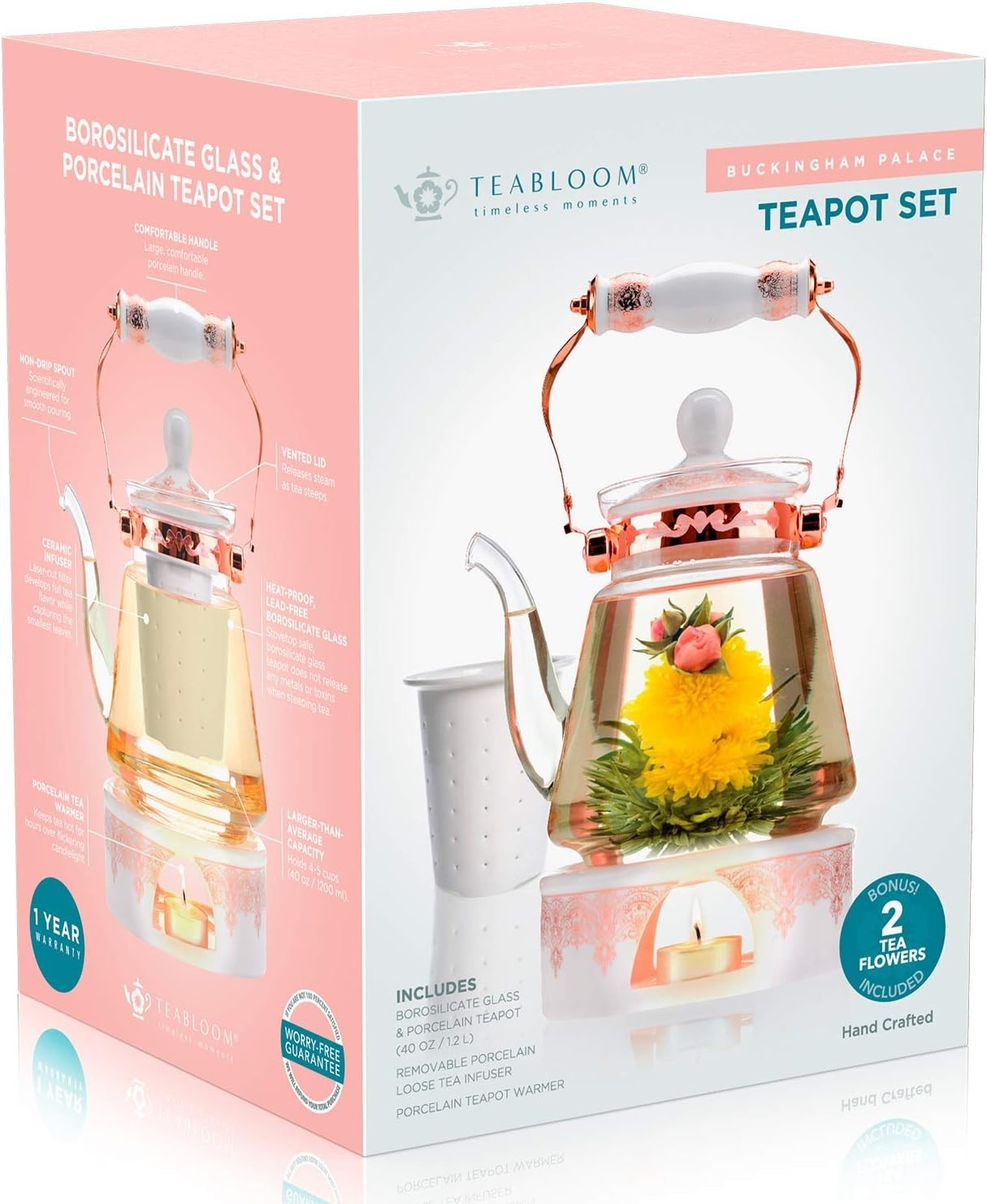 Glass Teapot Gift Set 1200ml Tea Warmer Infuser Blooming Tea 6pc