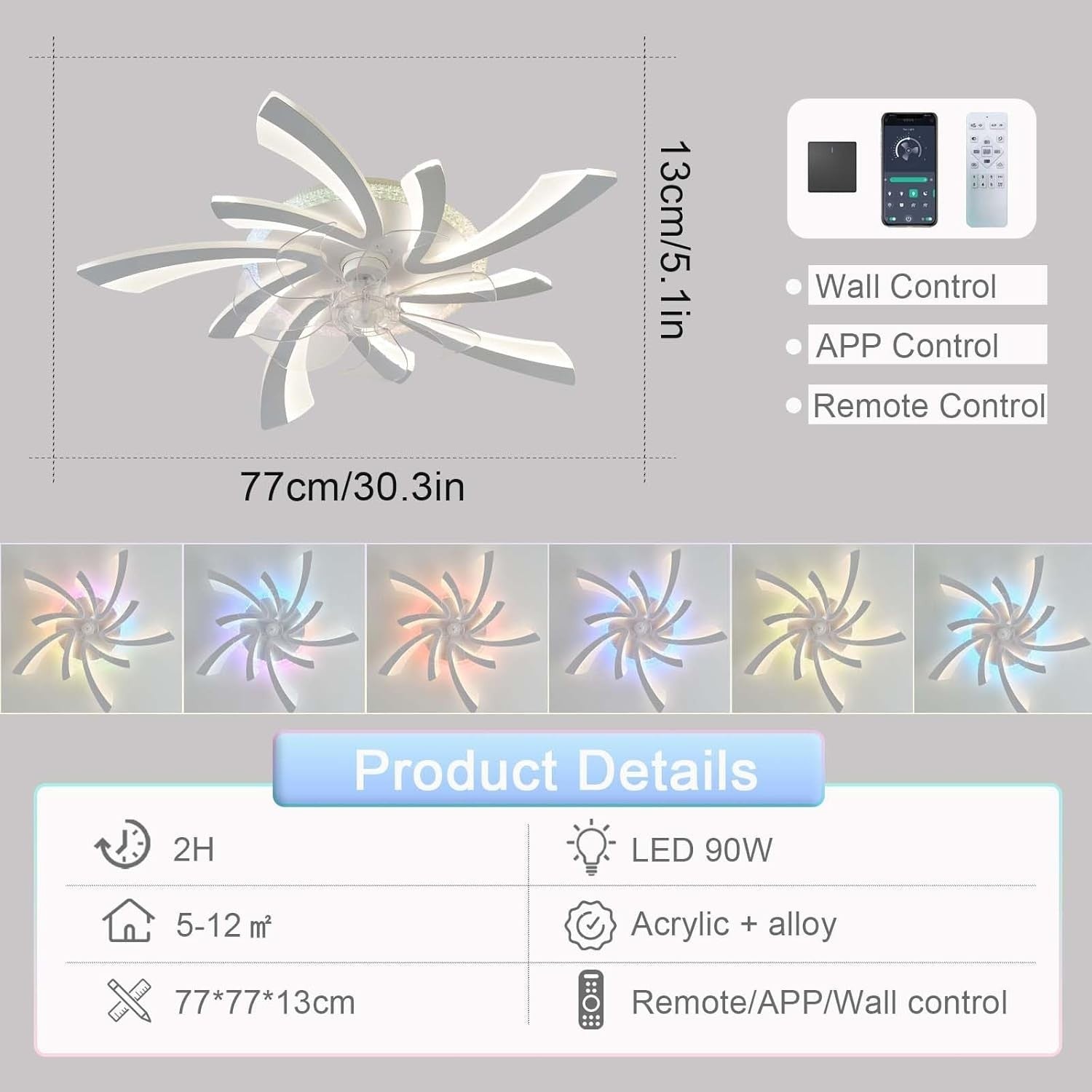 GWYAJTU RGB Ceiling Fan Light, Smart LED, Remote/App, 6-Speed DC Motor