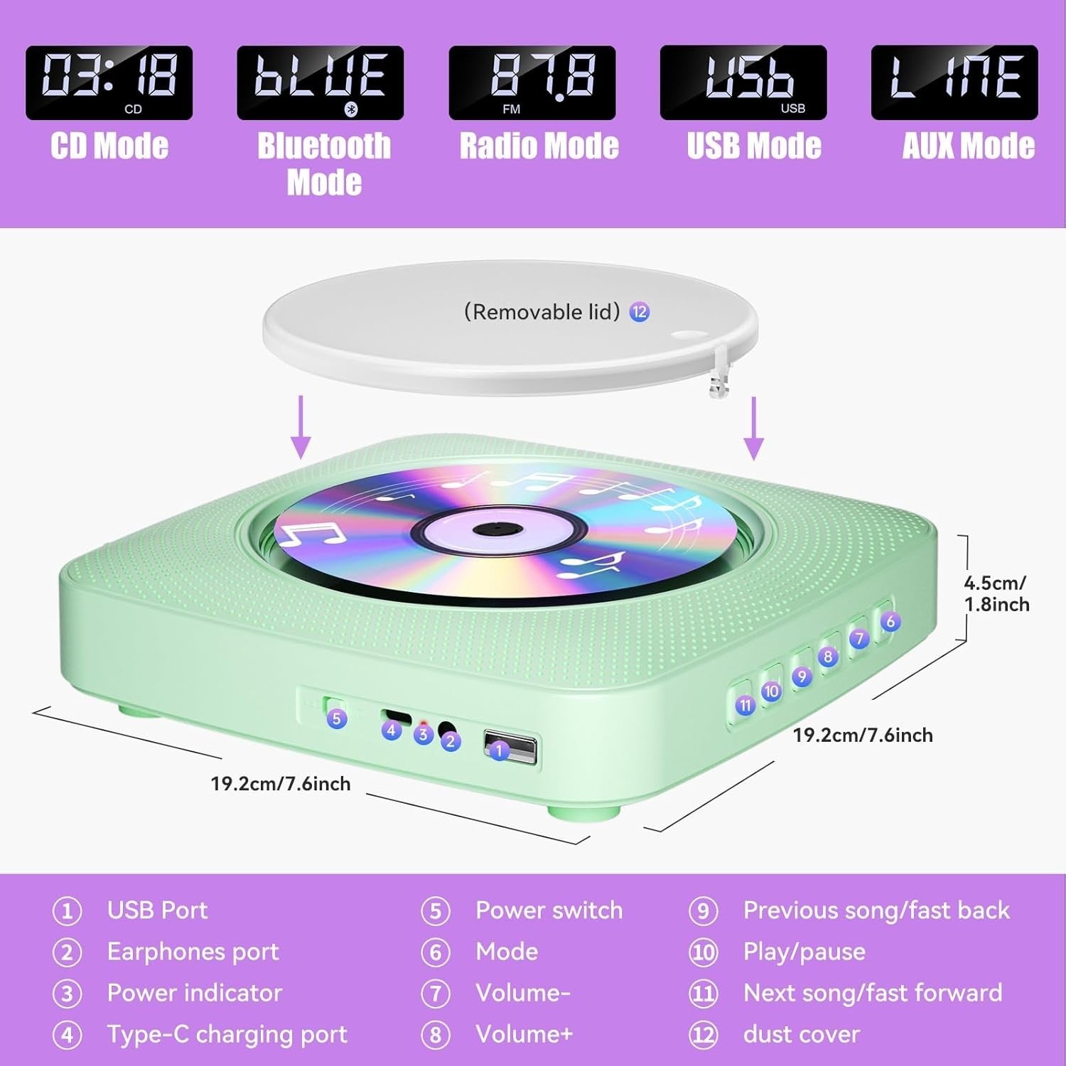 Desktop CD Player Bluetooth Speakers FM Radio USB AUX Remote Green