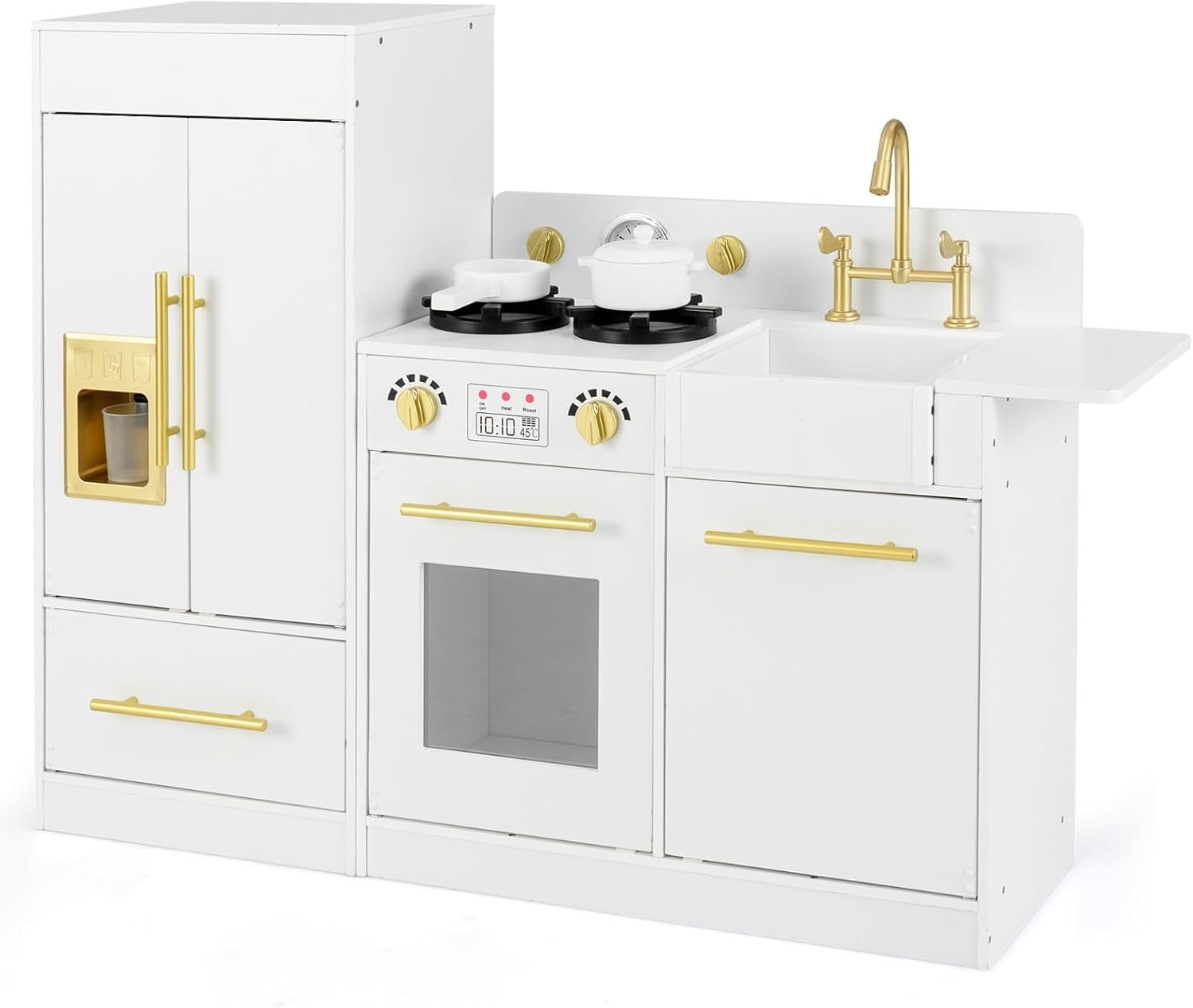 Wooden Kids Play Kitchen White w/ Fridge Ice Maker Accessories