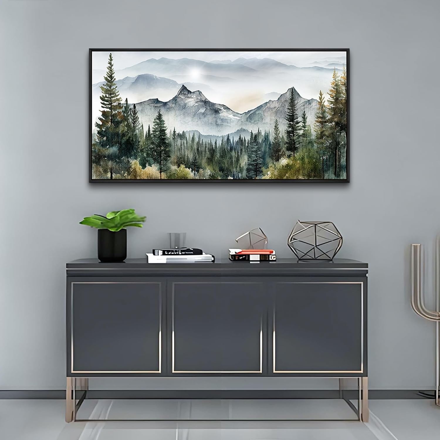 Large Black Framed Mountain Canvas Wall Art – Foggy Forest Landscape Decor