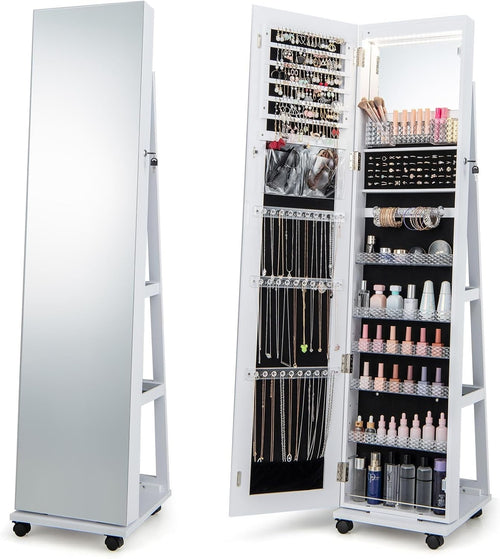 White LED Jewelry Cabinet Mirror Lockable Rolling Storage Organizer