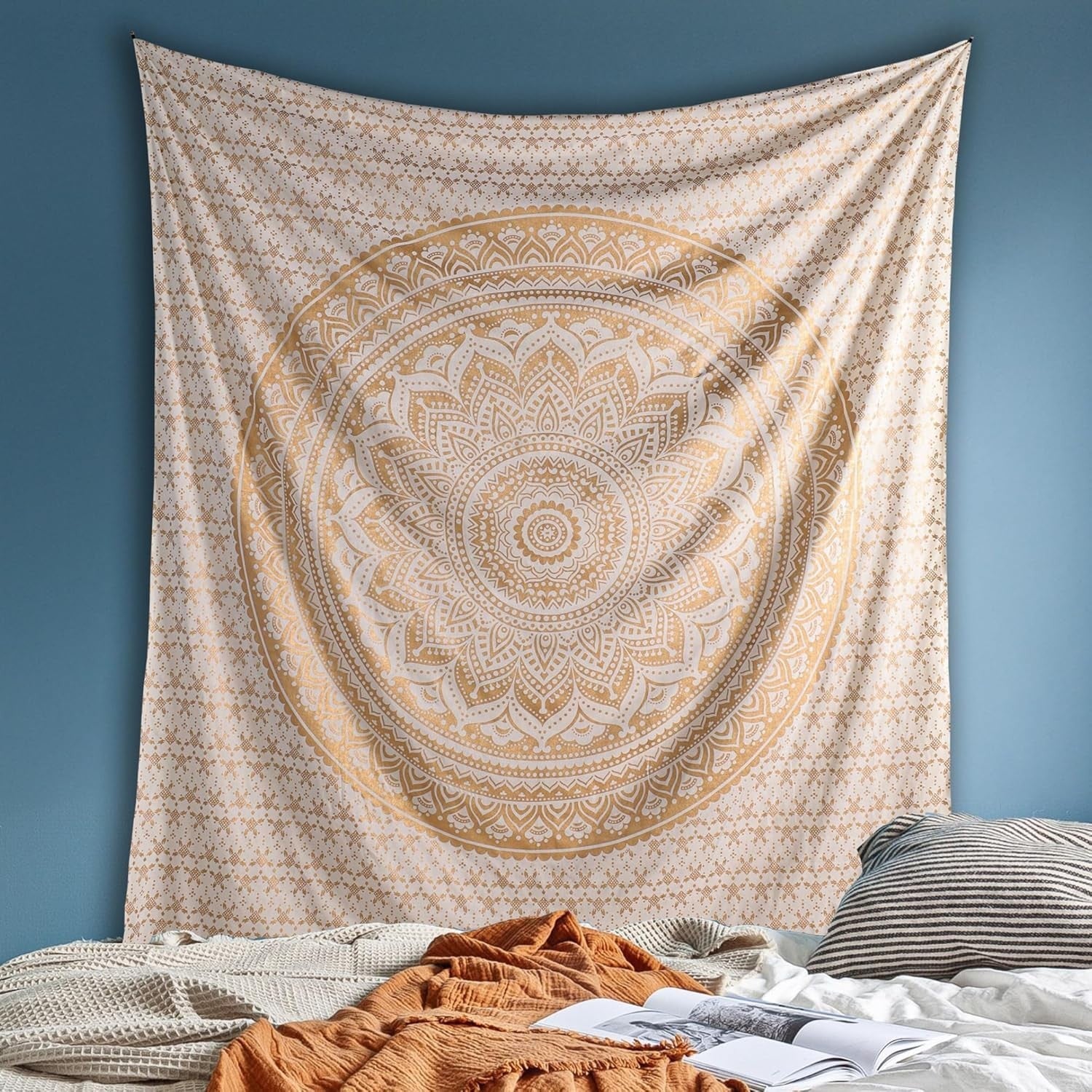 Glittering Gold Mandala Tapestry Boho Wall Hanging Cotton 85x90in