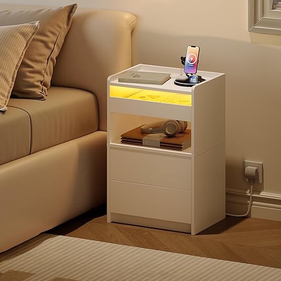Modern LED Bedside Table with Charging Station, 3 Drawers, USB Power, White