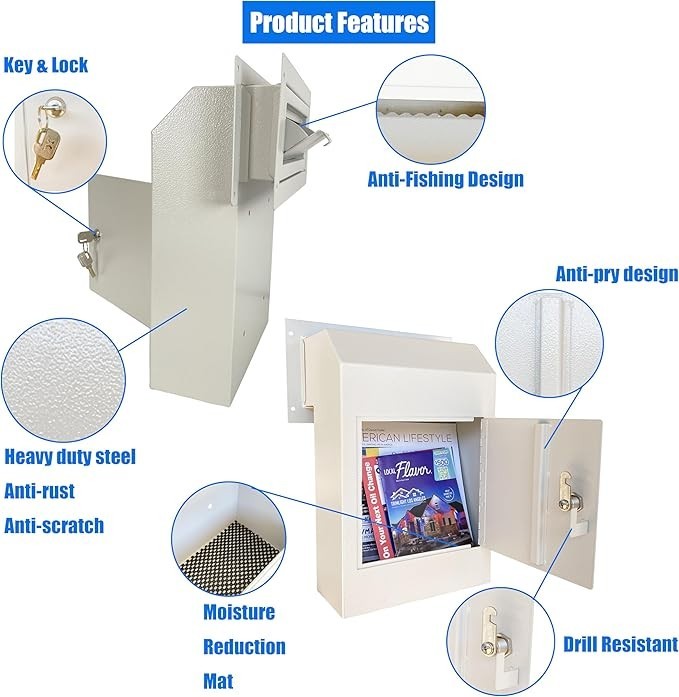 Secure Locking Steel Mail Slot Box Anti-Theft Drop Safe Rear Access
