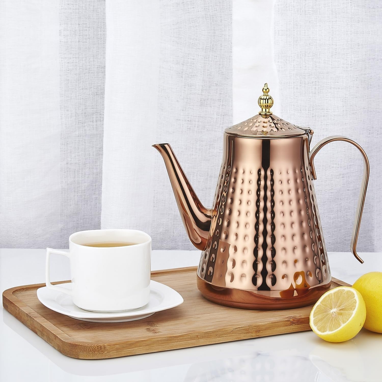 Copper Stainless Steel Teapot 60oz 1.8L w/ Infuser Hammered Finish