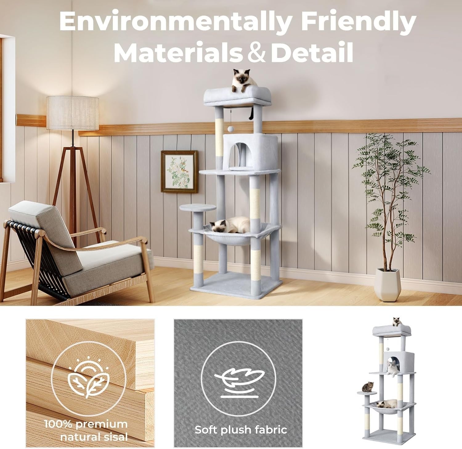 Floor to Ceiling Cat Tree Tall Multi Level Tower with Hammock Scratching Posts