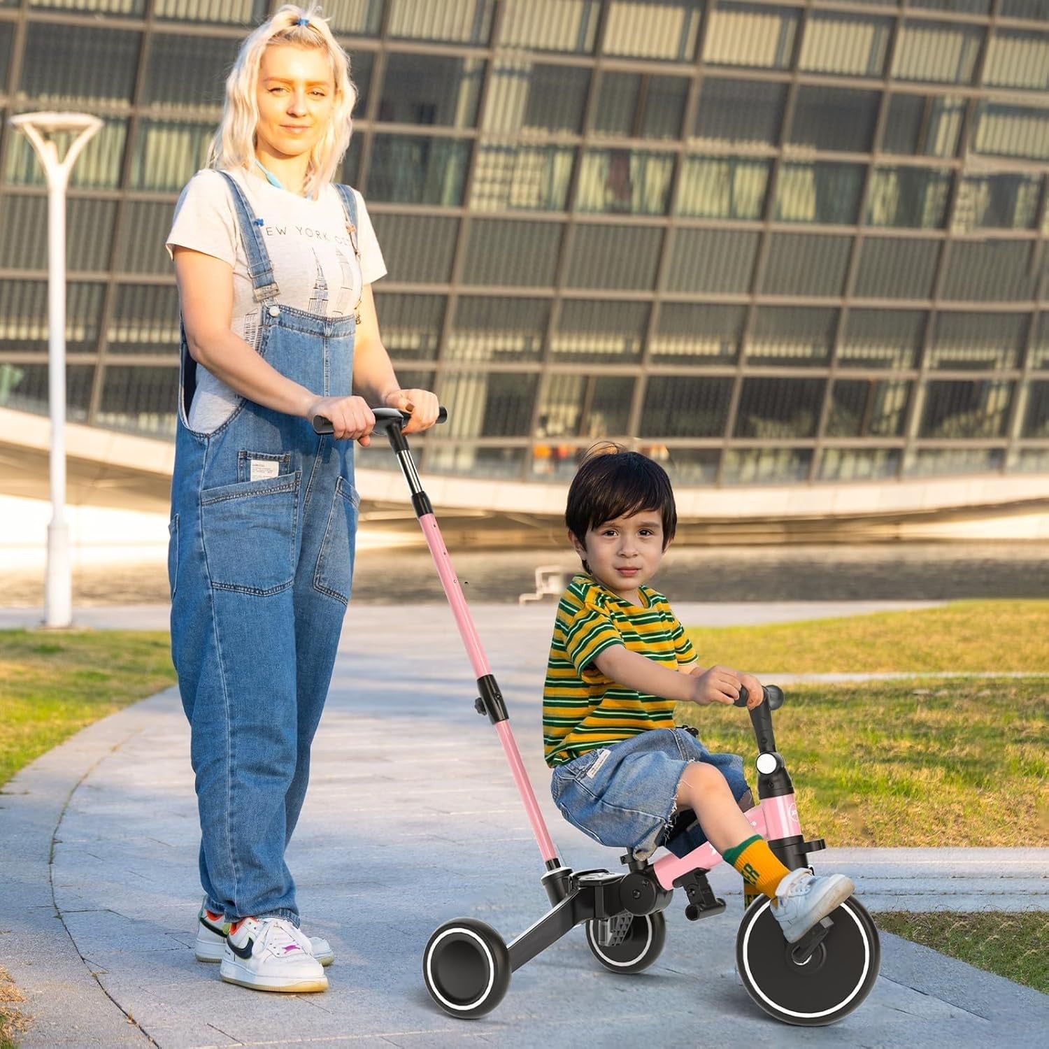 6 in 1 Foldable Toddler Tricycle Push Bike Adjustable Handle Pink 1-4Y