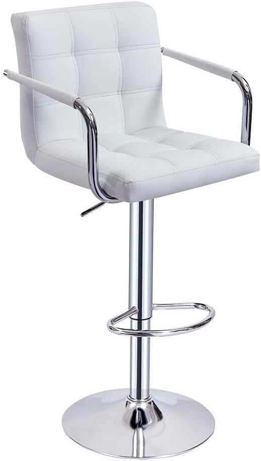 Set of 2 White Adjustable Swivel Bar Stools with Armrests & PU Leather