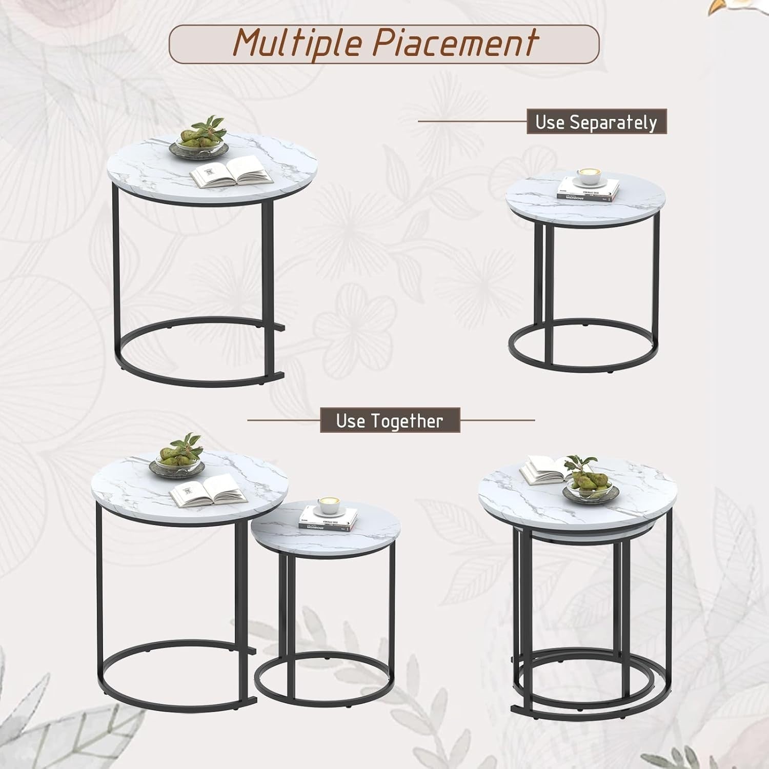 Black Nesting Coffee Tables Set of 2 Modern Round Side End Sofa Living Room
