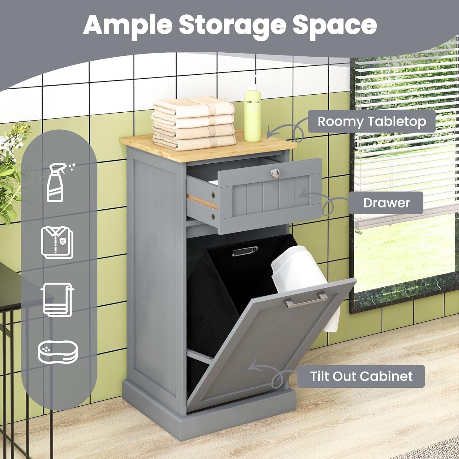 Tilt-Out Laundry Cabinet with Drawer & Removable Bin | Freestanding Bathroom Ham