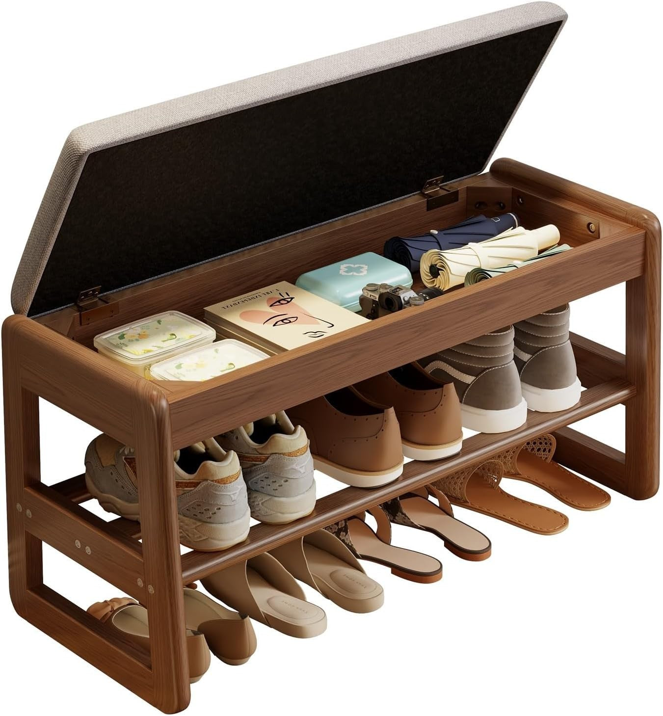 2-Tier Wooden Shoe Bench with Flip-Top & Cushioned Seat for Entryway