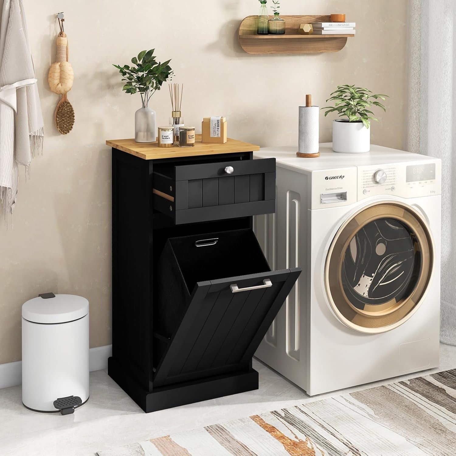 Black Tilt-Out Laundry Cabinet with Drawer & Removable Hamper | Freestanding Bat