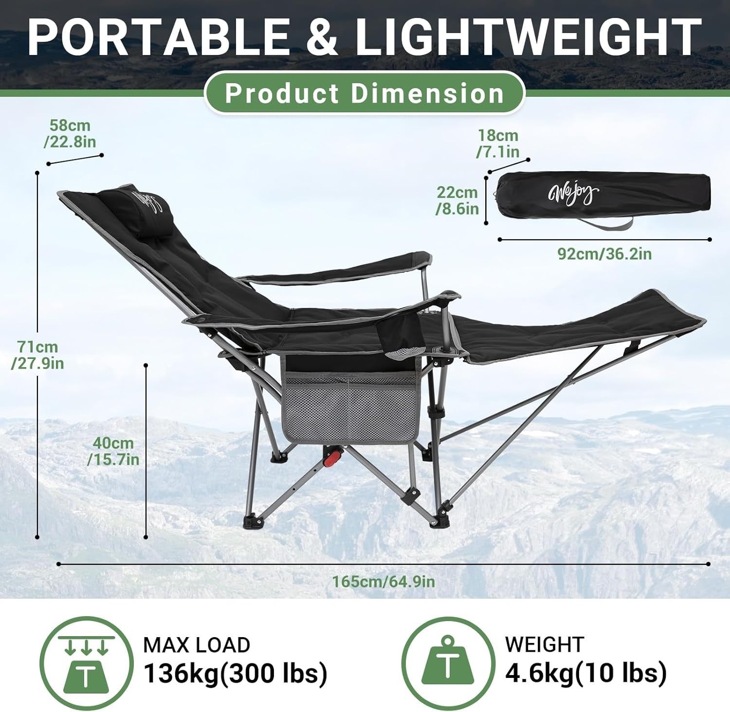 2x Padded Reclining Folding Camping Chairs Footrest Cup Holder Black