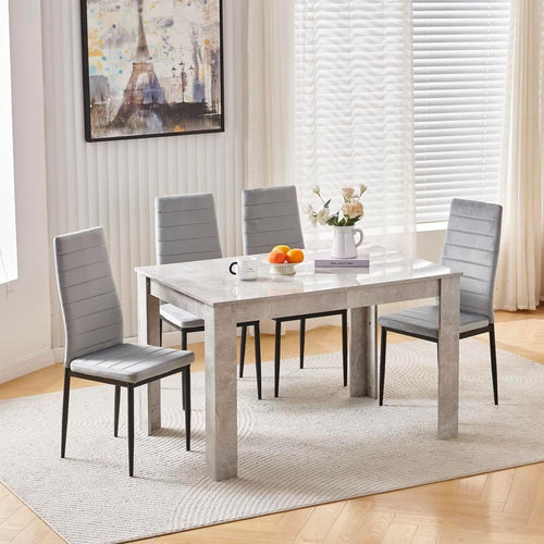 Modern 5-Piece Dining Set Grey Velvet Chairs & Marble Table Compact Kitchen