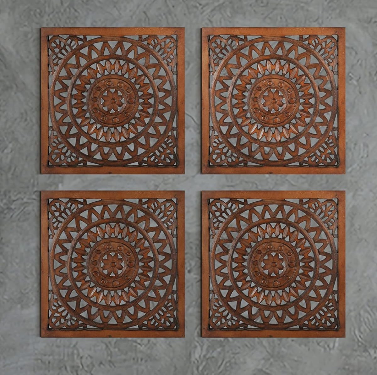 Set of 4 Wooden Wall Plaques Hand Carved Decor Panels 16x16