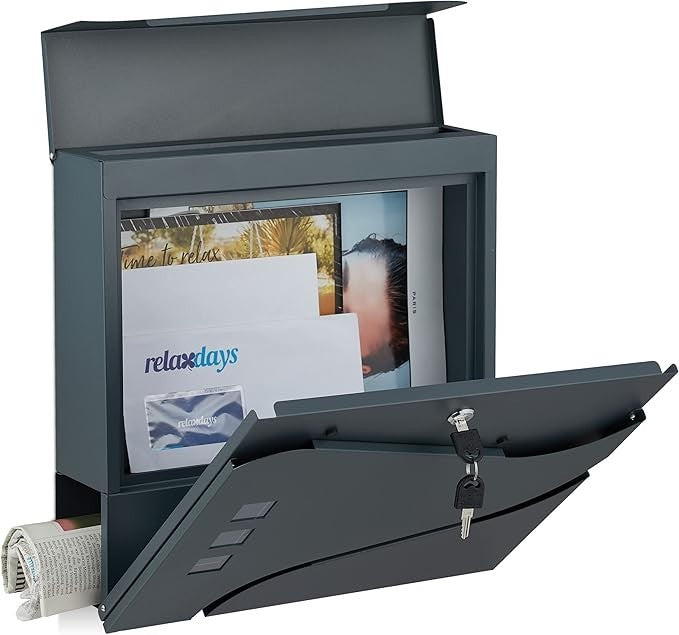 Wall Mounted Lockable Post Box with Newspaper Holder – Steel, Weatherproof