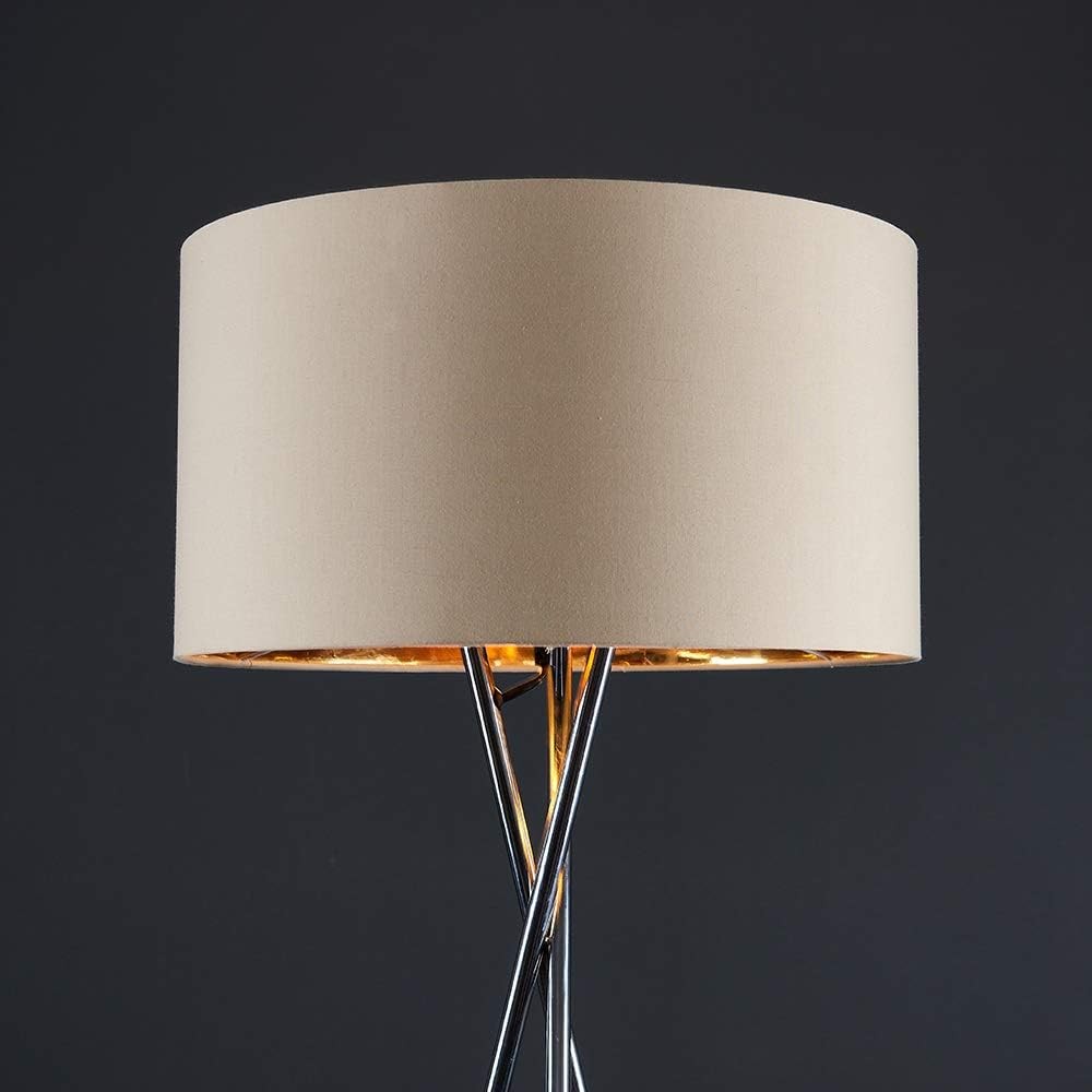 Tripod Floor Lamp Chrome Beige Gold Shade Modern Standing Living Room Light