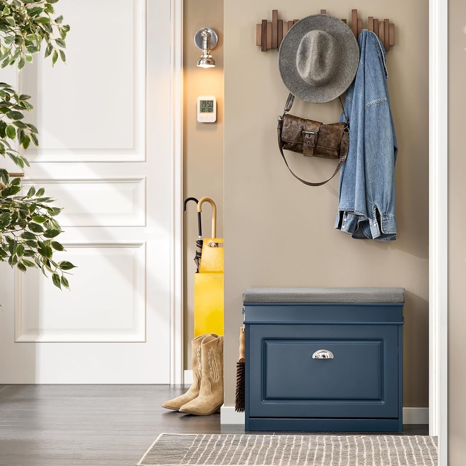Narrow Shoe Storage Bench with Flip Drawer & Blue Cushion, 60x24x52 cm