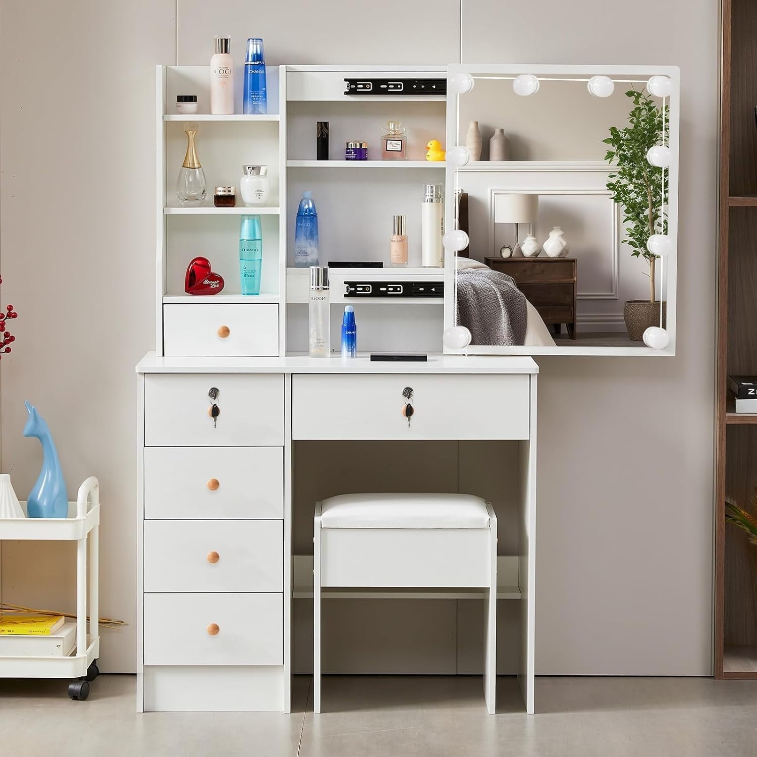 White Modern Vanity Desk Makeup Table Set w/ 10 Lights Mirror & 5 Drawers