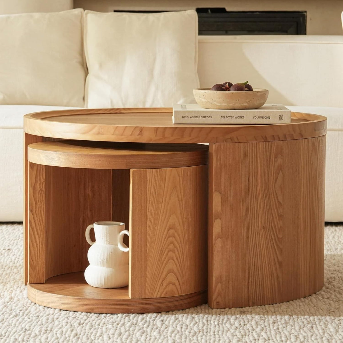 Nesting Coffee Table Set 2 Round Wood Side End Tables Natural Pine Furniture