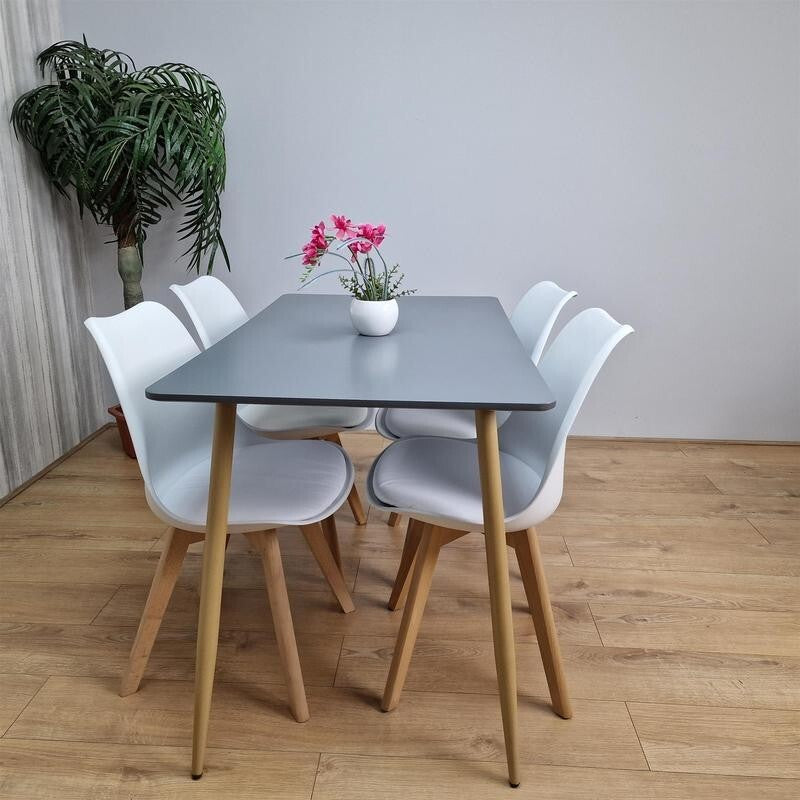 4 Seater Grey Dining Table with White Tulip Chairs – Modern Kitchen Set