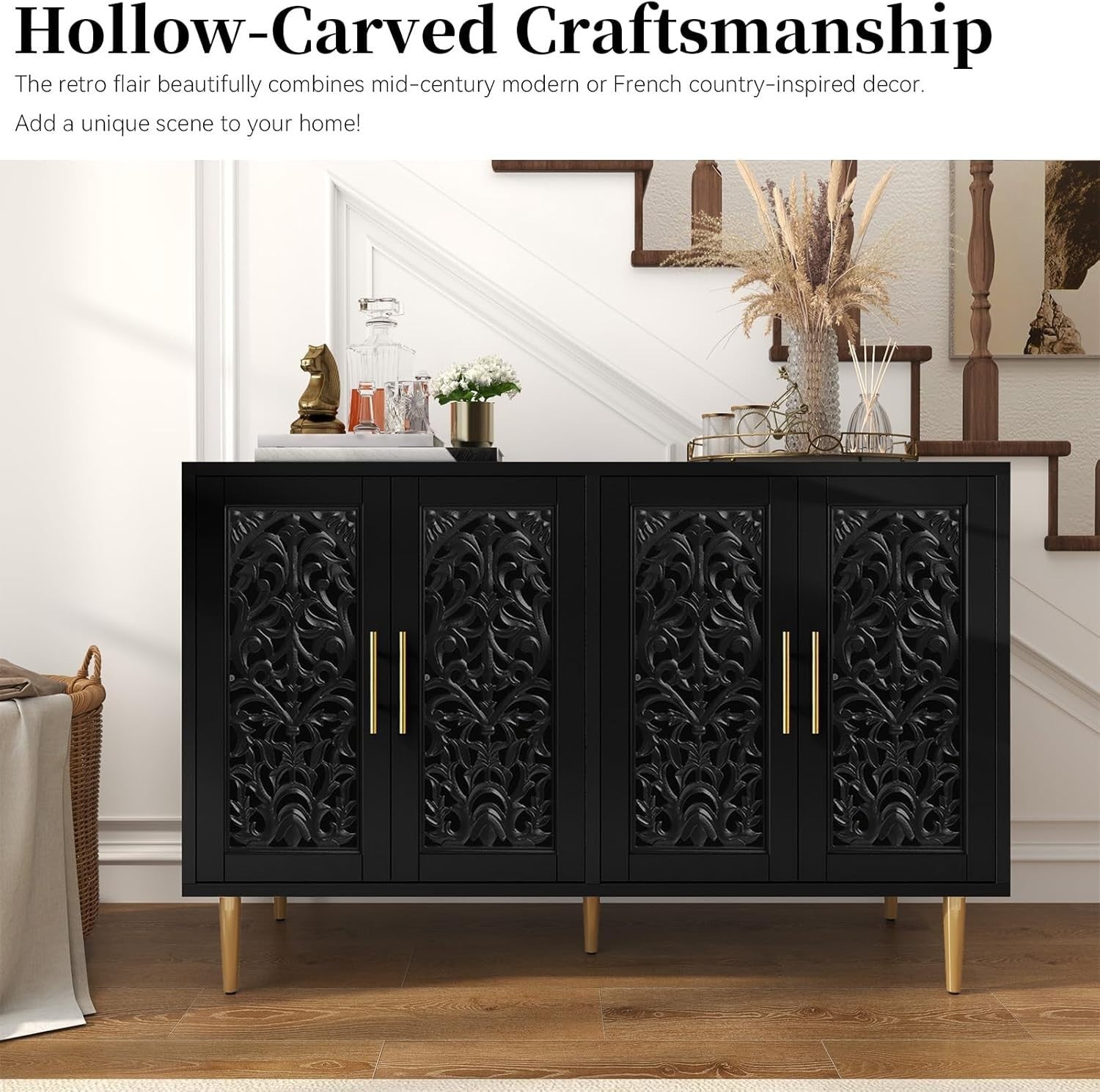 Vintage Black Sideboard Cabinet 4 Doors Hollow Carved Storage Buffet