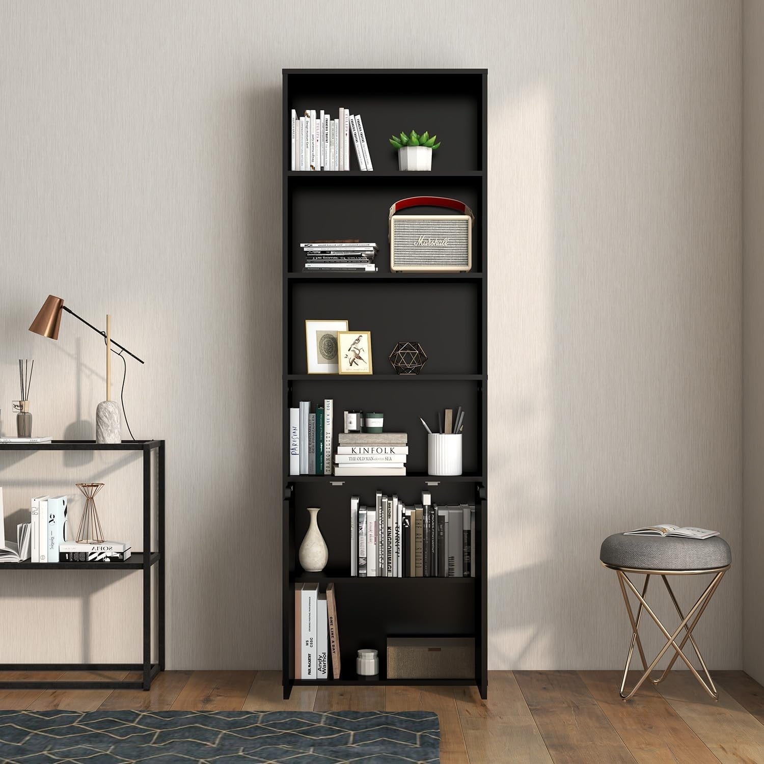 Tall 6 Tier Bookcase with Doors Modern Storage Cupboard Free Standing Shelves