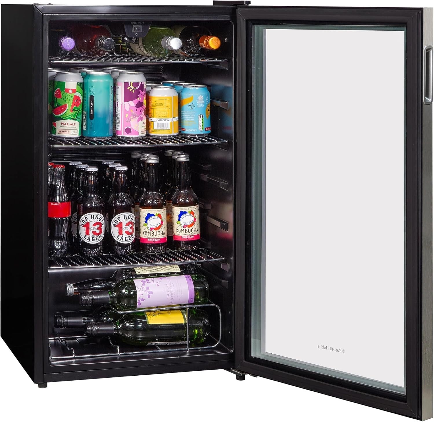 Under Counter Drinks Fridge Stainless Steel Glass Door LED Cooler 93L 48 Can