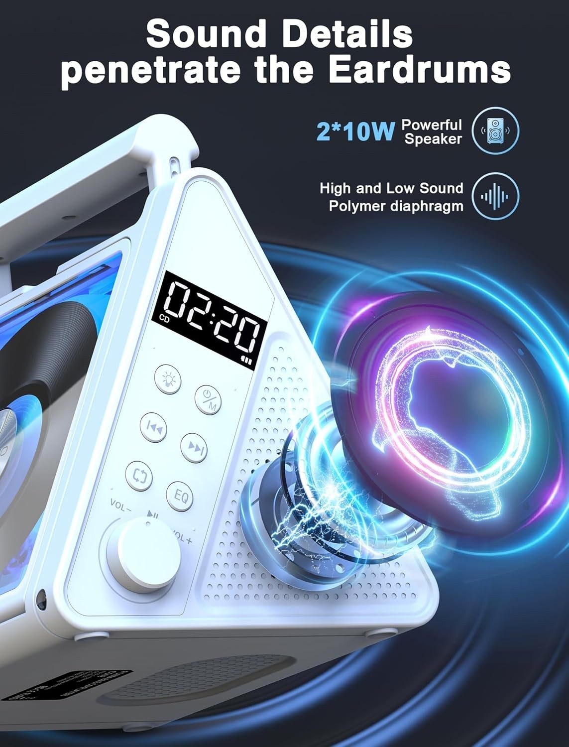 Rechargeable Bluetooth CD Player 20W HiFi FM Radio USB AUX RGB White