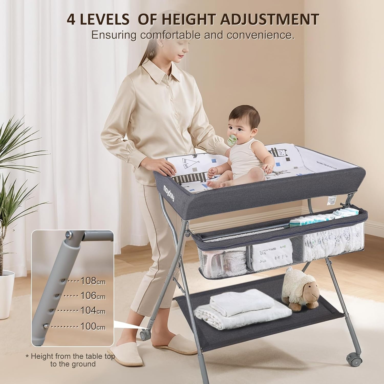 Baby Changing Table Adjustable Folding Diaper Station with Storage Dark Grey