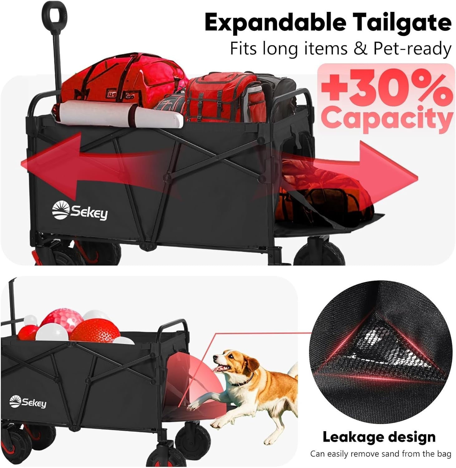 Black 332L Folding Camping Wagon 350lb Heavy Duty All Terrain Festival Trolley