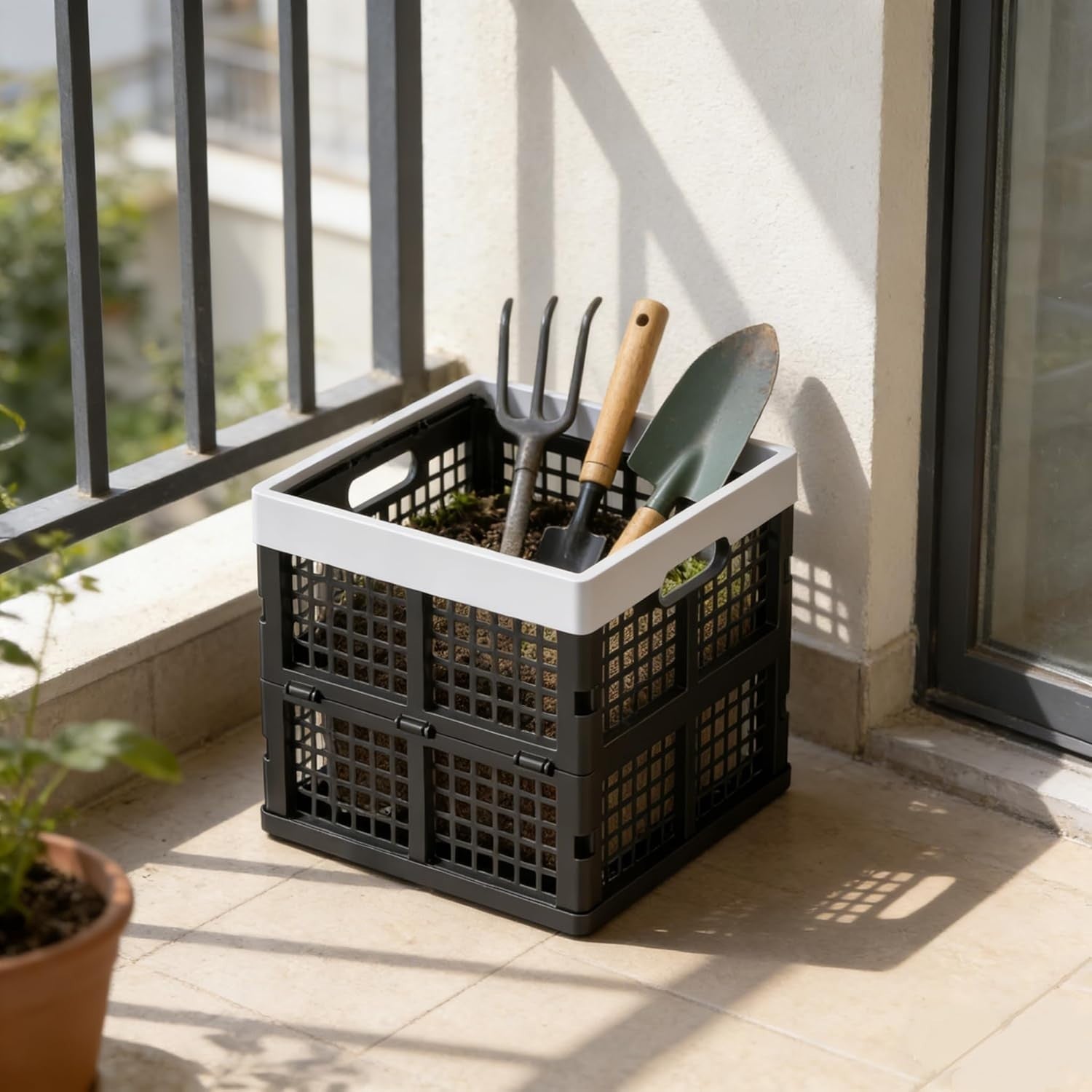 3 Pack 18L Folding Plastic Storage Crates Stackable 29.2cm Black