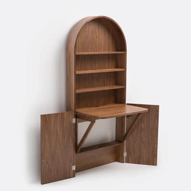 Walnut Bookcase with Folding Desk 180cm Compact Wall Storage Workspace