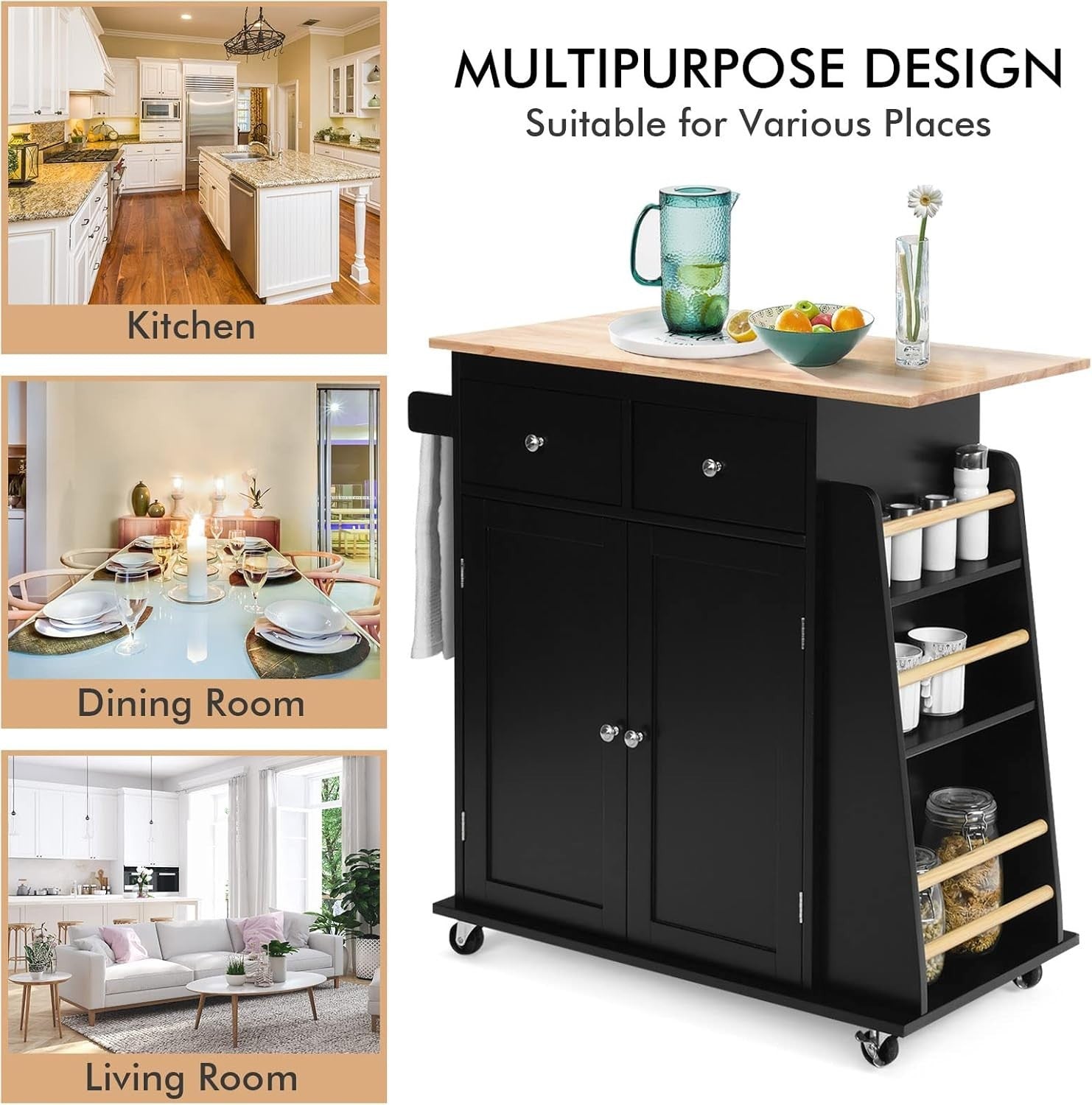 Kitchen Island Trolley with 2 Drawers & Spice Rack Black 88x45x90cm