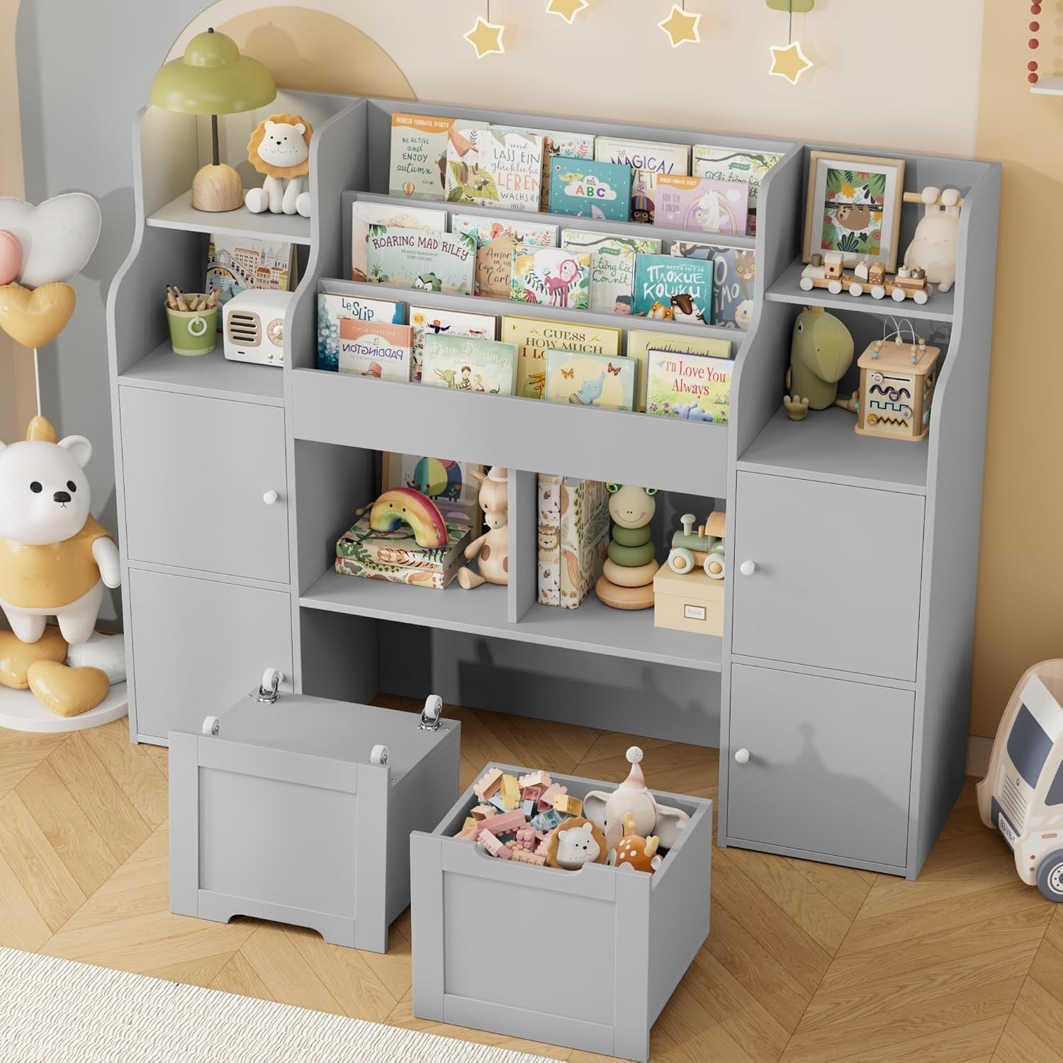3-Tier Kids Toy Storage Unit with Drawers & Doors, Bookshelf 122x30x100cm