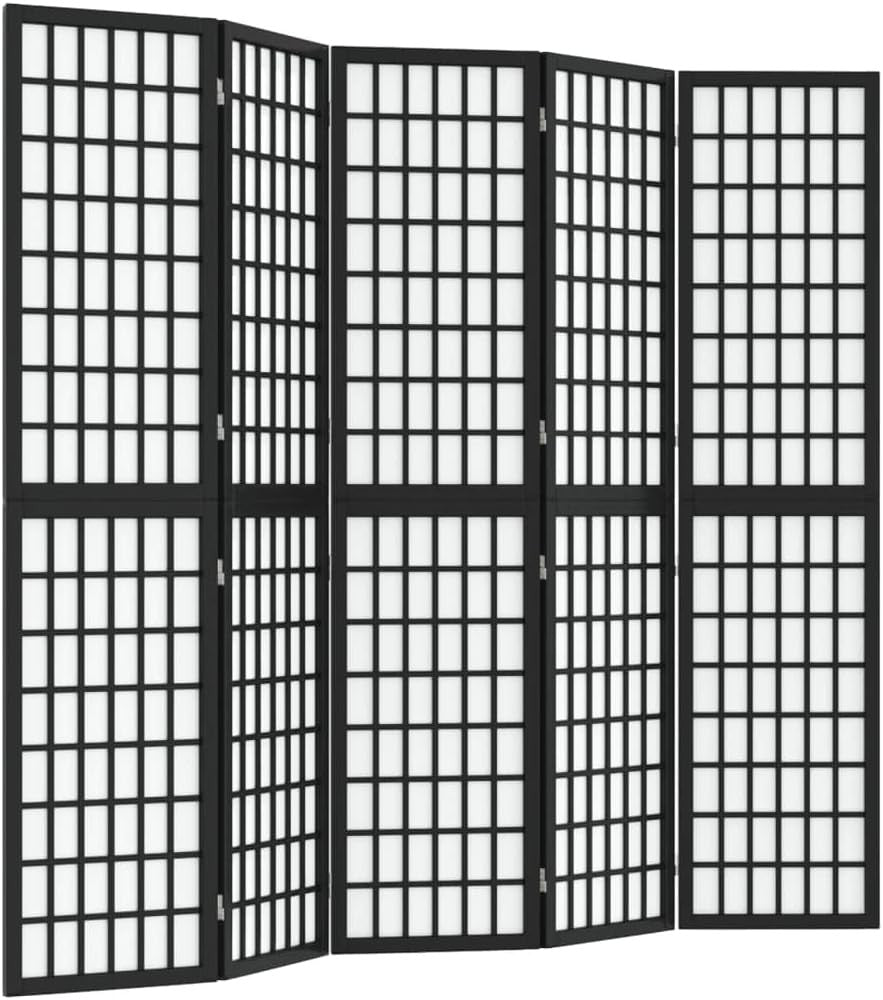 5 Panel Black Shoji Room Divider 200x170cm Folding Wooden Privacy Screen Japanes