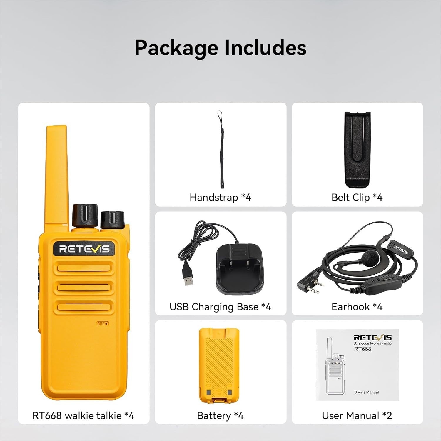 PMR446 Walkie Talkies 4 Pack Rechargeable VOX Radio w Earpieces USB