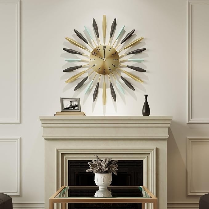 22" Mid Century Starburst Wall Clock Modern Silent Metal Large Home Decor