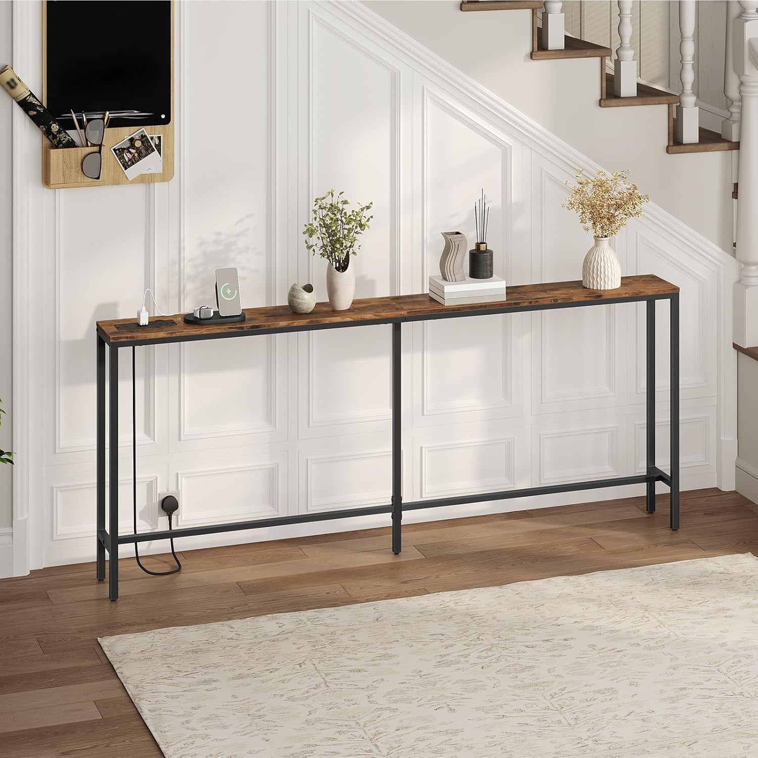 Rustic 200cm Slim Console Table with USB & Power, Ideal for Hallway/Sofa