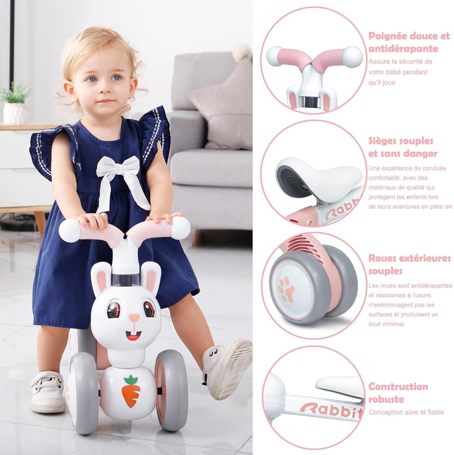 Baby Balance Bike Toddler Ride On Trike Walker No Pedals 10-36 Months Rabbit