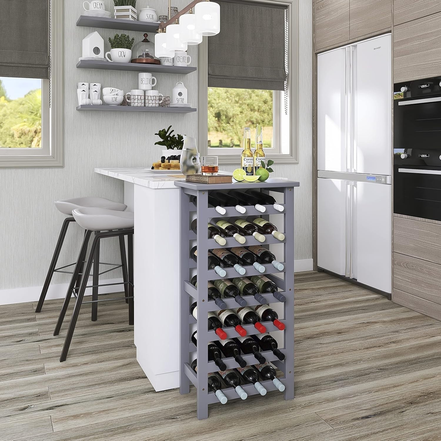 28 Bottle Wine Rack Freestanding Bamboo Storage Shelf 7-Tier with Table Top Grey