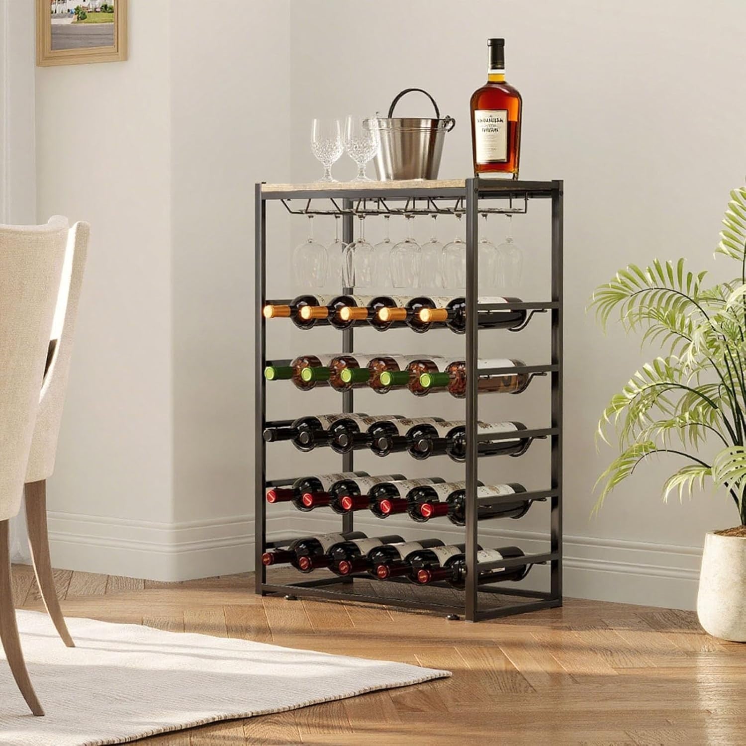 5-Tier Wine Rack Stand for 25 Bottles & 12 Glasses with Wooden Top – Metal