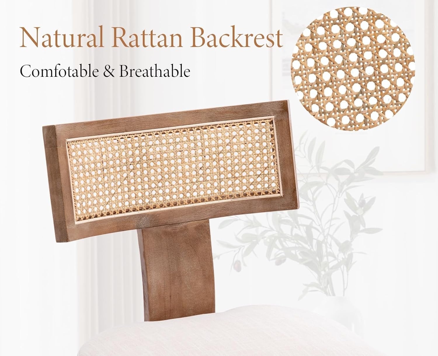 Natural Rattan Dining Chairs Set of 2 Upholstered Wood Kitchen Chairs Retro