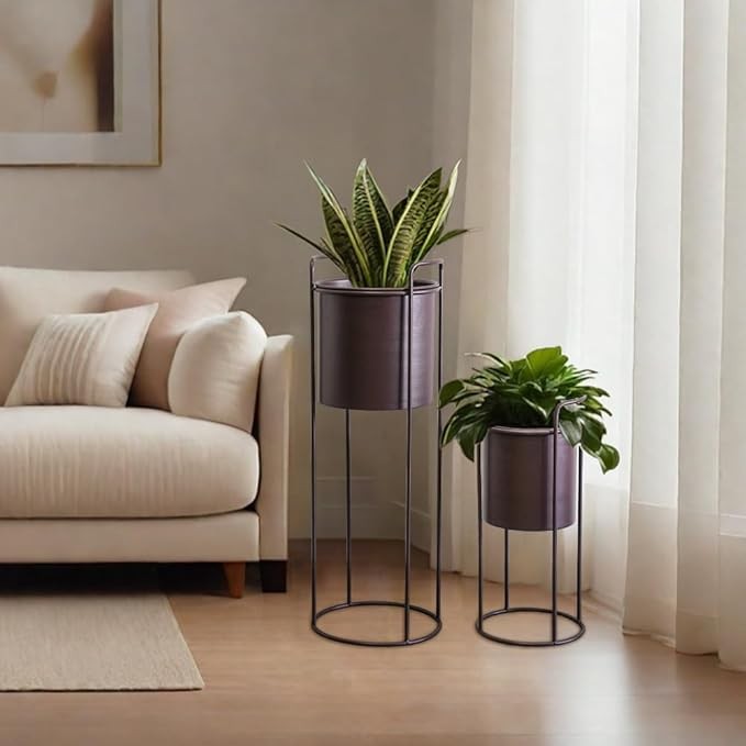 Set of 2 Tall Brown Metal Planters with Stands 70cm & 45cm Indoor Outdoor Pots