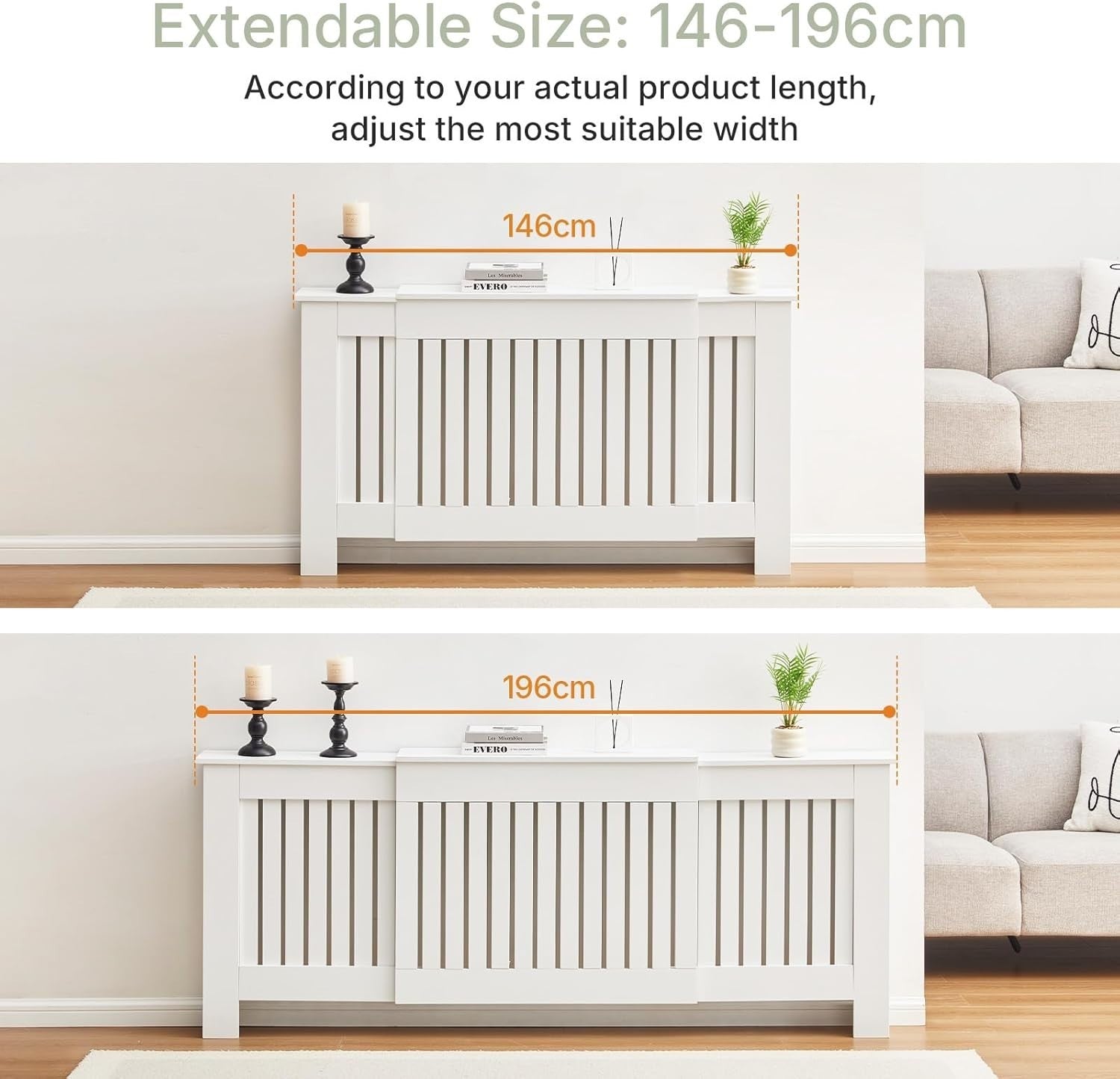 Extendable Radiator Cover White Adjustable MDF Slatted Heating Cabinet Shelf